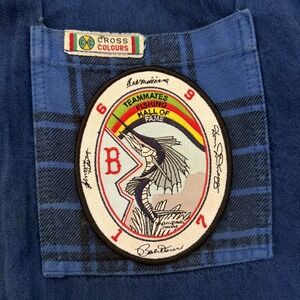 Cross Colours Size 2 Blue Button Up Jacket Fishing Hall‎ of Fame Patch Vintage